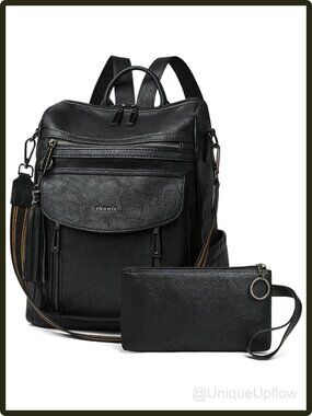 Faux Leather Backpack Purse Convertible Shoulder Bag Wristlet Travel Black